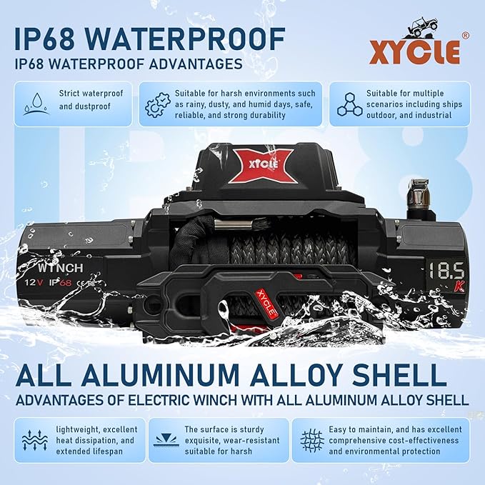 XYCLE18500lbs12V Electric Winch IP68waterproofOff-Road Vehicle Rescue winchs with2wireless Remote Controls and Synthetic Rope Suitable for Towing SUVs,Loggers,Trucks,Trailers,Jeeps,4WD (Dark-Gray)