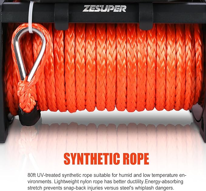ZESUPER 9500 lb Load Capacity Electric Winch,12V Waterproof IP68 Winch with Wireless Handheld Remotes, Wired Switch,Hawse Fairlead, 80ft Synthetic Rope Winches for Jeep Trailer Truck Off-Road Vehicle