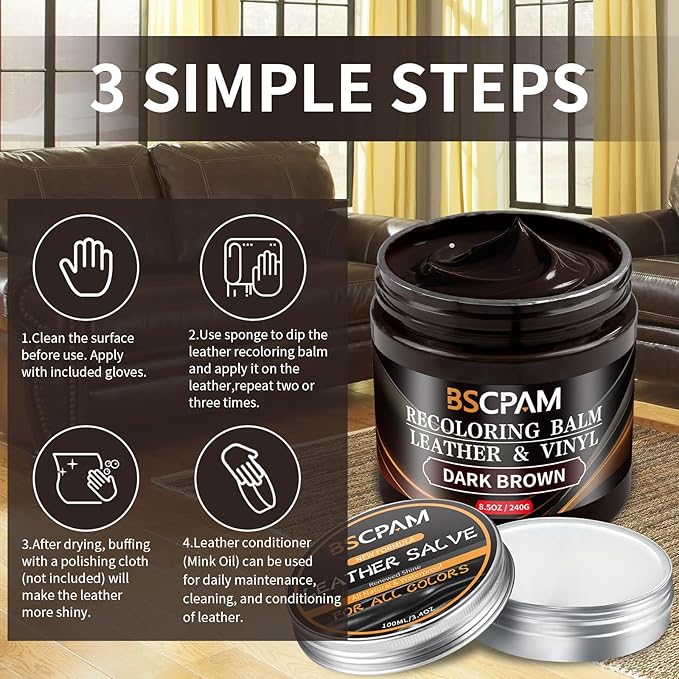 Dark Brown Leather Recoloring Balm with 100ml Mink Oil,Leather Couch Scratch Remover,Leather Repair kit for Vinyl Furniture and Car Interior,Leather Dye Paint,Mink Oil for Leather