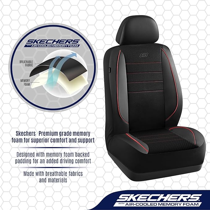 Skechers Air-Cooled Memory Foam Seat Covers,Thick Car Seat Covers,Leather Piping Car Seat Covers Front Seats,Airbag Compatible,Automotive Comfort Universal Fit Most Cars,Vans,Trucks,SUV,Red