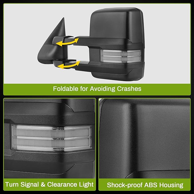 AUTOSAVER88 Towing Mirror Compatible with 2003-2006 Silverado Sierra 1500 2500HD 3500HD Tahoe Yukon, Power Heated Switchback LED Turn Signal Light (Chrome inside) Manual Telescoping Folding Black