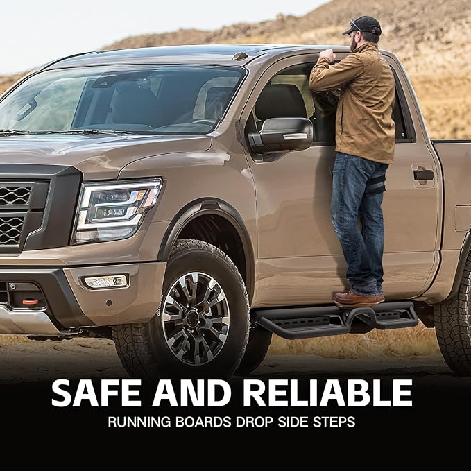 Crew Cab Running Board Side Steps Compatible for 2004-2025 Nissan Titan (Excludes 2016 Model) & Nissan Titan XD 2016-2025 Model CrewCab, Two Stair Design Bolt-on Side Rail Nerf Bar (Star Logo)