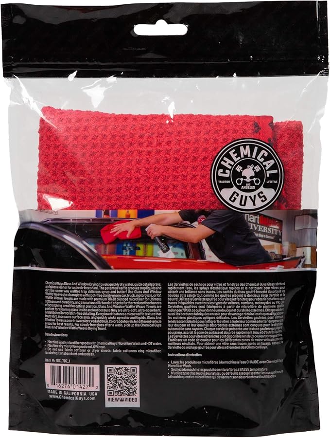 Chemical Guys Waffle Weave Glass & Window Microfiber Towel - Red 24x16 Inch Scratch-Free Detailing Cloth for Cars, Trucks, SUVs & Home, Streak-Free Cleaning for Glass, Mirrors & Windows