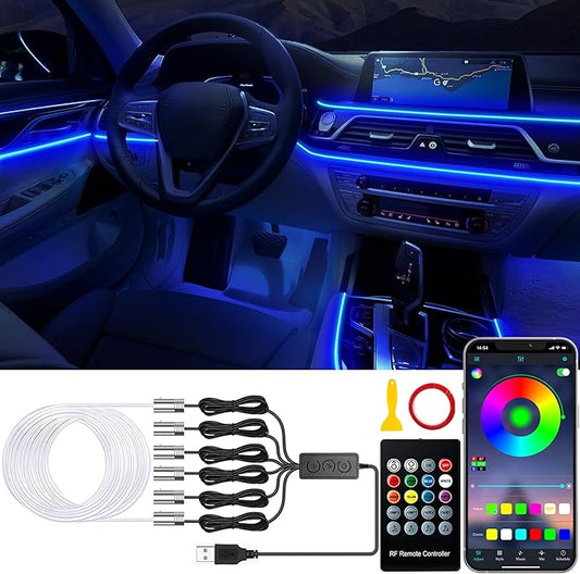 Car LED Lights, Interior Car Lights with Wireless APP/RF Remote/Button Control, Car Ambient Lighting Kit with 315" Integrated Molding Fiber Optic RGB Sync to Music (6 in 1-USB)