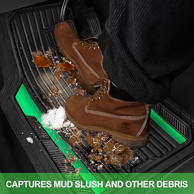 CAR PASS Heavy Duty Rubber Car Mats Metallic,Aluminum Film All Weather Floor Mats Waterproof Universal Trim to Fit SUVs Sedans Vans 4 Piece Anodized Deep Dish Two-Tone Sporty Black Green Chrome