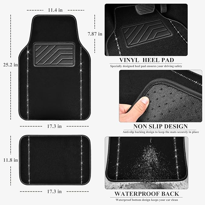 CAR PASS 14 PCS Bling Diamond Car Accessories Set for Women, Leather Seat Covers Front Seats Sparkly Rhinestone 15'' Steering Wheel Covers Shining Diamond Car Floor Mats Cute Interior Sets, Silver