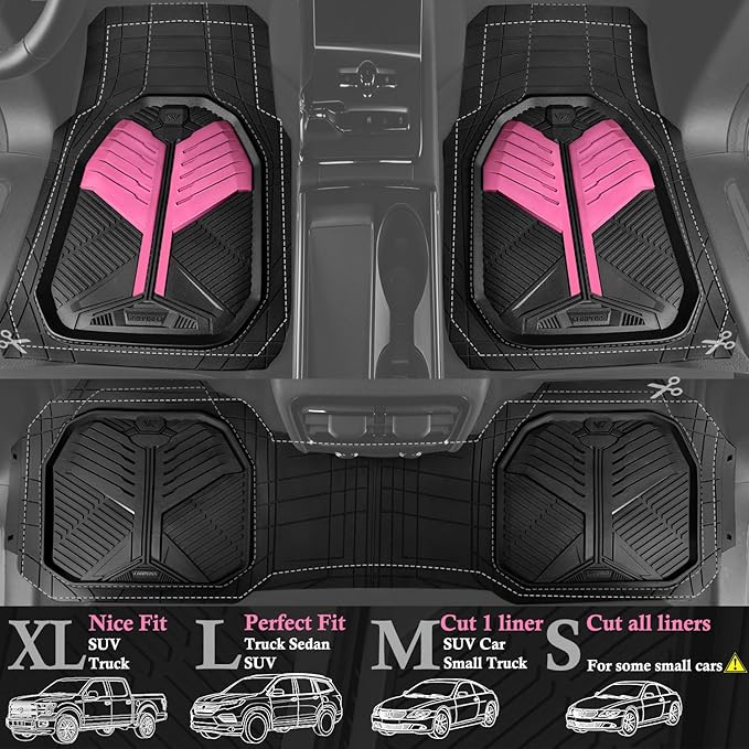 CAR PASS Heavy Duty Rubber Car Mats, Deep Dish Car Floor Mats All Weather, Car Mats Full Set 3-Piece Trim to Fit for Sedans SUVs Trucks,Women Waterproof Anti-Slip Automotive Mats, V12 Black and Pink