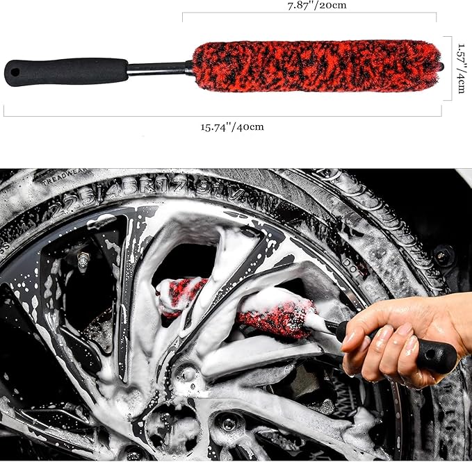 Metal Free Soft Wheel Cleaner Brush, Synthetic Wool Tire Cleaning Brush, Highly Water Absorption, Dense and Durable Tire Brush for Cleaning Wheels, Rims, Spokes, Fenders, Engines…