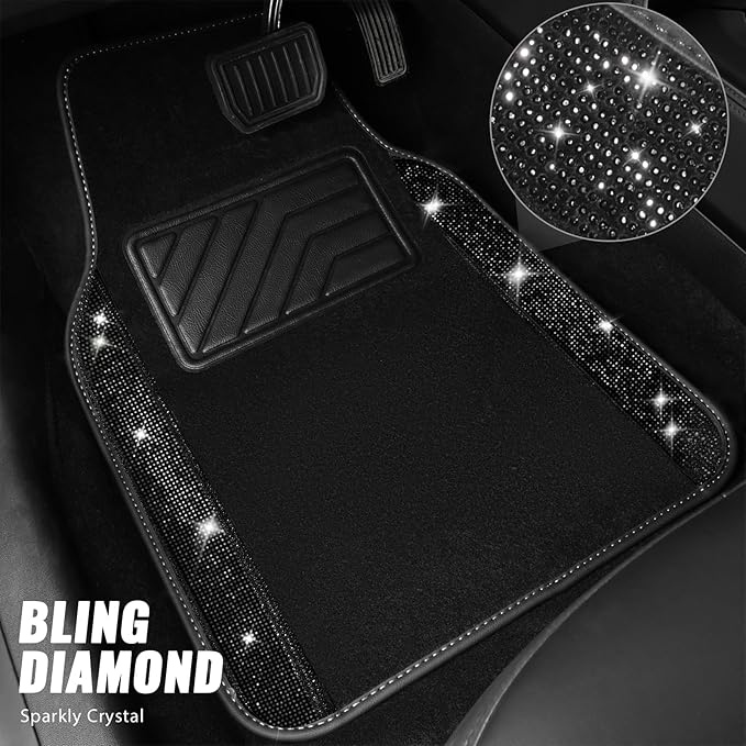 CAR PASS Bling Diamond Leather Steering Wheel Cover 14.5in-15in Floor Mats Shining Rhinestone Carpet Sparkly Glitter Crystal Anti-Slip Pad Fit Automotive SUV Pickup Truck Girl Women, 5pcs Black