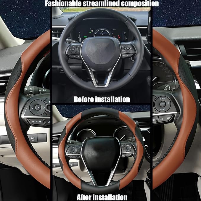 Steering Wheel Cover Universal Standard Size 14.5-15 inch, Breathable Microfiber Leather, Anti-Slip, Soft Grip, Sporty Design, Fits for Cars SUVs Trucks, Black and Orange