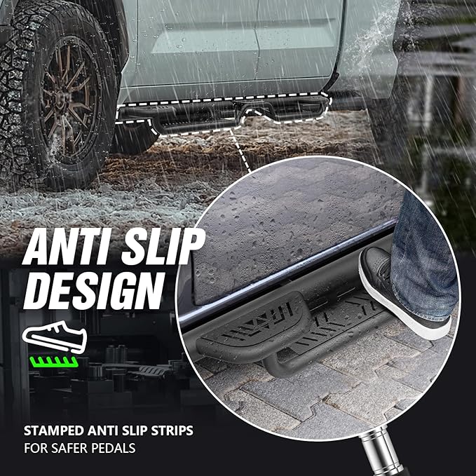 Three Raised Steps Double Cab Running Boards Compatible with 2022-2025 Toyota Tundra DoubleCab (2 Half-Size Rear Doors) Side Steps, Two Stair Design Style Nerf Bars Black Truck Side Rails