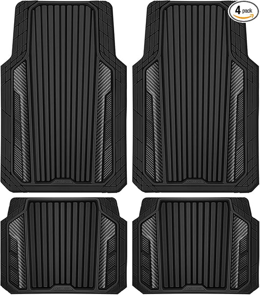 CAR PASS Heavy Duty Rubber Car Mats Metallic,Aluminum Film All Weather Floor Mats Waterproof Universal Trim to Fit SUVs Sedans Vans 4 Piece Anodized Deep Dish Two-Tone Sporty Carbon Fiber Black Chrome