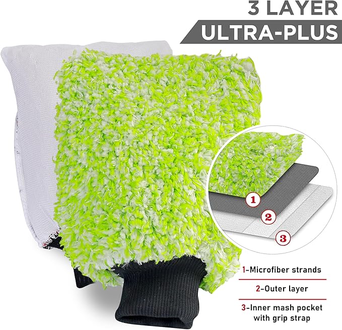 TAKAVU New Car Wash Mitt, 2 Pack Premium Cyclone Microfiber Washing Gloves, Holds Tons of Sudsy Water for Effective Washing, Machine Washable, Lint Free, Scratch Free (Green & White)