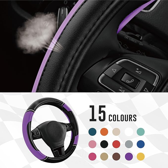 Road Comforts Leather Steering Wheel Cover - Made with PVC Leather - Anti-Slip, Universal Fit 14 1/2 inches to 15 inches - Purple