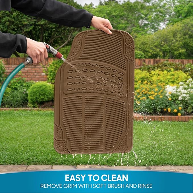 BDK ProLiner Floor Mats for Cars Trucks SUV, 3-Piece All-Weather Car Mats with Universal Fit Design, Durable Car Floor Mats with Capture Ridges, Waterproof Rubber Floor Mats for Cars (Beige)