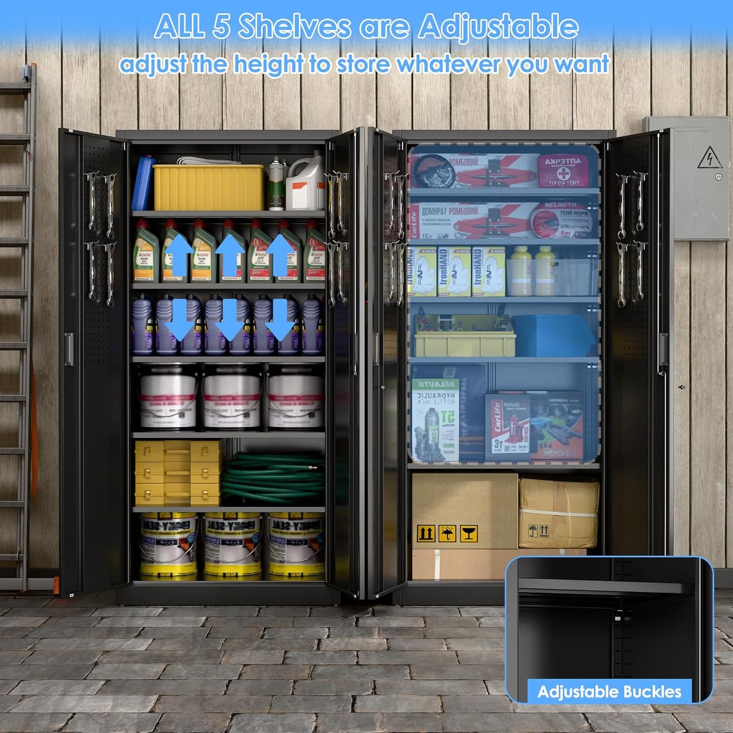 Metal Storage Cabinet with Pegboard 71'' x 34'' x 18'',Lockable Steel Storage Cabinet with 5 Adjustable Shelves and Door for Garage, Office, Kitchen, Assembly Required(Black)