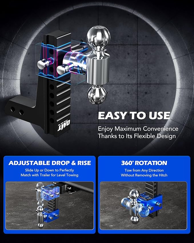 Orion Motor Tech Adjustable Trailer Hitch, Heavy Duty Drop Hitch 2 inch Receiver, 8" Drop & Rise Hitch with 2" & 2-5/16" Balls, 360° Dual-Ball Mount with 12500 lb. Towing Capacity for Class III & IV