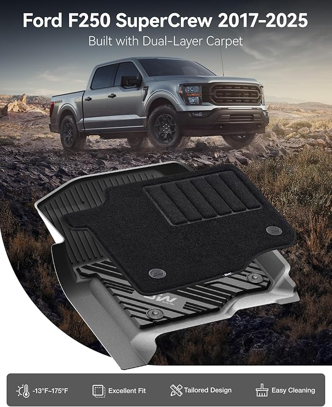3W Floor Mats & Front Carpet for Ford Super Duty Crew Cab F-250 & F-350 & F-450 & F-550 (2017-2024 2025), All-Weather Storage TPE 1st & 2nd Row Liners, Bucket Seat Compatible, Not for Vinyl Floor