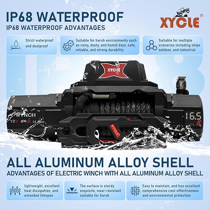 XYCLE16500lbs12V Electric Winch IP68waterproofOff-Road Vehicle Rescue winchs with2wireless Remote Controls and Synthetic Rope Suitable for Towing SUVs,Loggers,Trucks,Trailers,Jeeps,4WD (Dark-Gray)