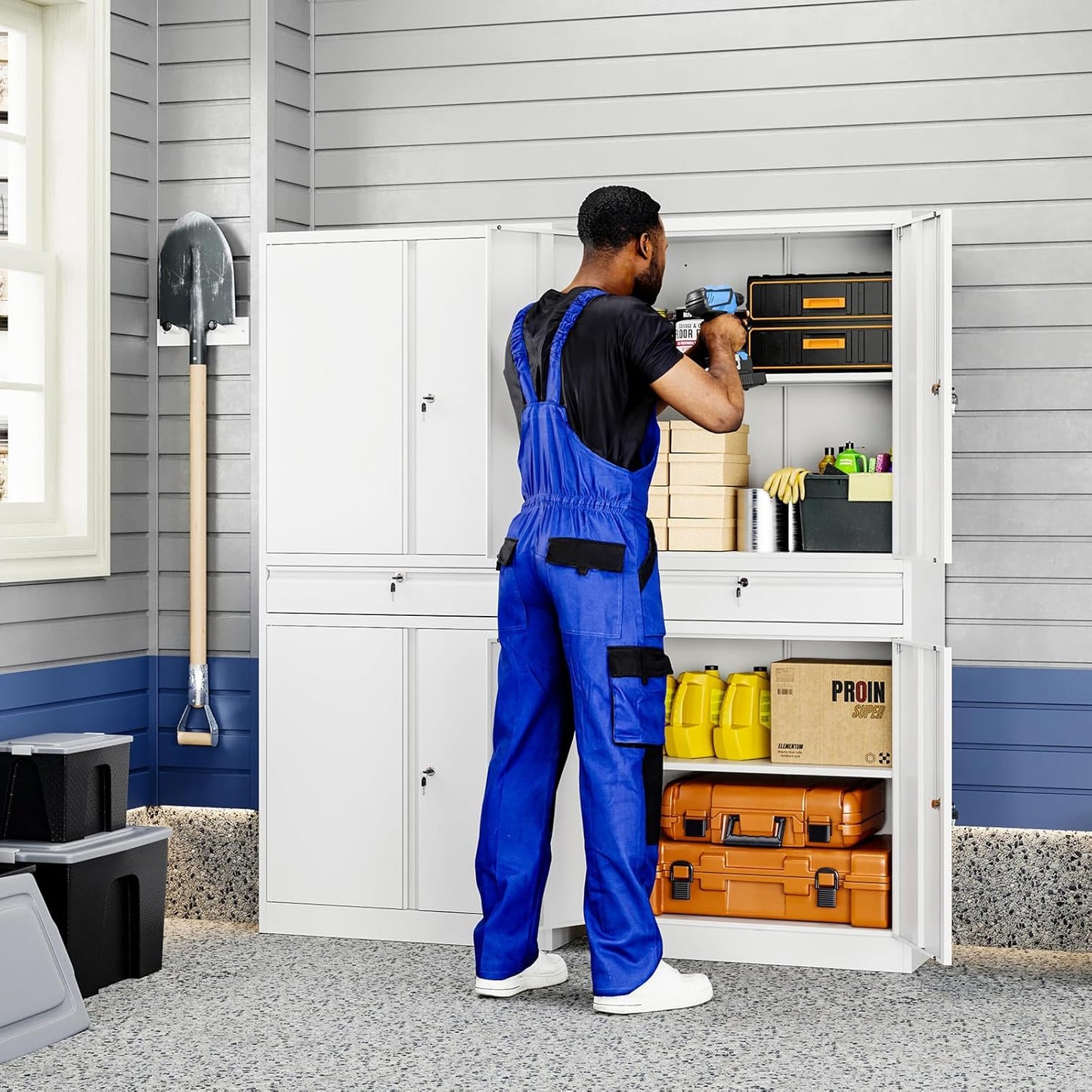 Yizosh Metal Garage Storage Cabinet with Locking Doors and Adjustable Shelves, 71" Tool Storage Cabinet with 1 Drawer for Garage,Office,Warehouse (White)