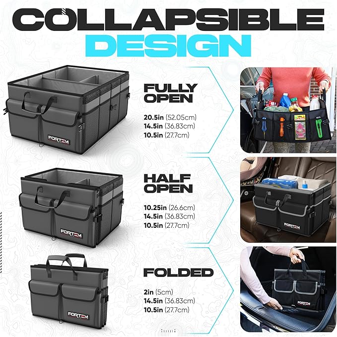 FORTEM Car Trunk Organizer, Collapsible Multi Compartment SUV Organizer, Foldable Storage for Car Accessories for Women Men, 600D Oxford, Non Slip Bottom, Securing Straps, Soft Cover (50L)