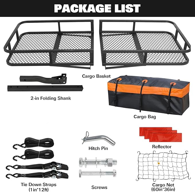 WEIZE Folding Hitch Mount Cargo Carrier Basket 60" x 20" x 6" with Waterproof Bag, Net, Strap, 2-Inch Folding Shank, 500 lbs Capacity Hitch Rack, Steel Construction
