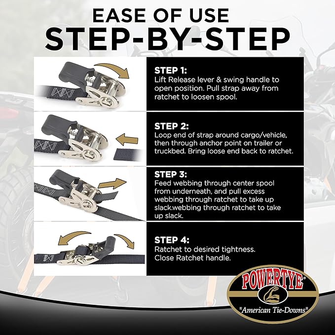 PowerTye - Endless Ratchet Strap - 1in x 4ft Easy Grip (Hookless), Tie Down Strap w/ 400 lb. Working Load Limit / 1,200 lb. Break Strength, Ideal for Motorcycle, Truck Beds, & Cargos, Yellow 2-Pack
