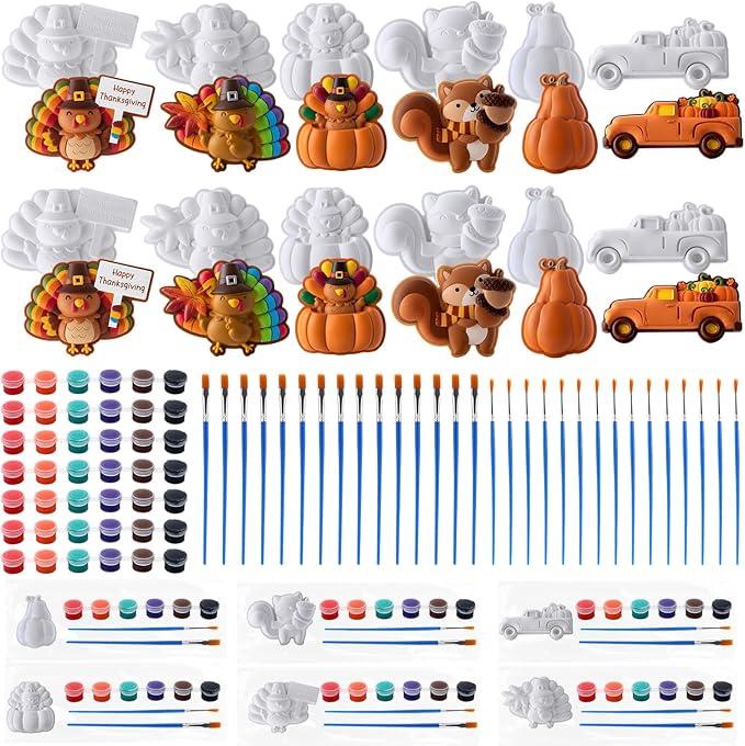 Foilswirl 24 Set Thanksgiving Turkey Ceramic to Paint Thanksgiving DIY Painting Kit Paint Your Own Fall Pumpkin Crafts Unpainted Turkey Figurine Plaster with Brushes Bags for Decor Party Favor Gifts