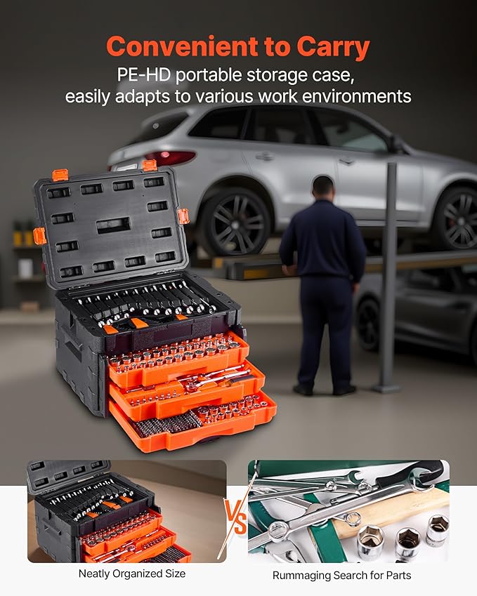 VEVOR Mechanics Tool Set and Socket Set, 450 Pcs, 1/4, 3/8 and 1/2 inch Drive Deep and Standard Sockets, SAE Metric Mechanic Tool Kit with Bits, Wrenches, Accessories, Storage Case with Orange Drawer