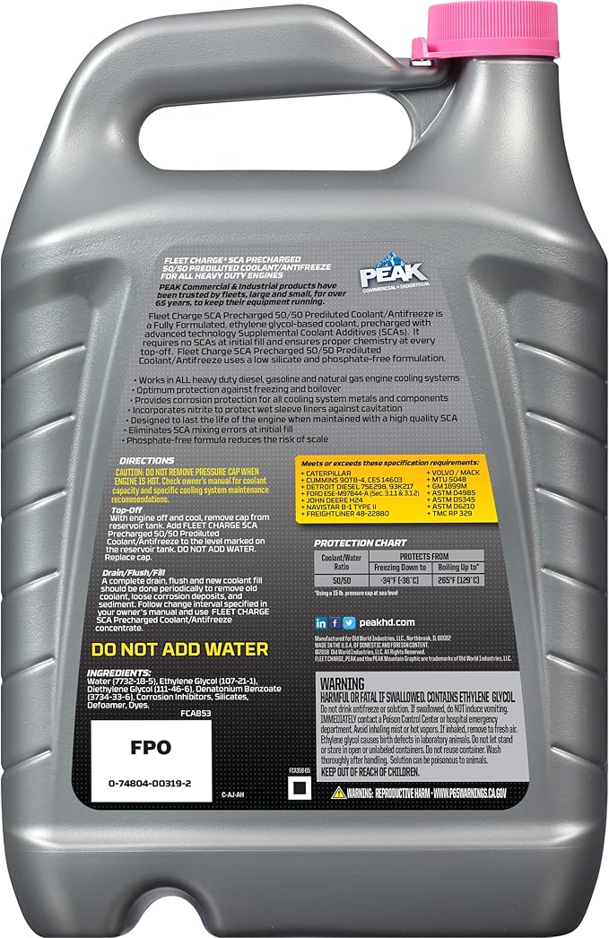 PEAK Fleet Charge SCA Precharged 50/50 Prediluted Antifreeze and Coolant for All Heavy Duty Engine Cooling Systems, 1 Gal.