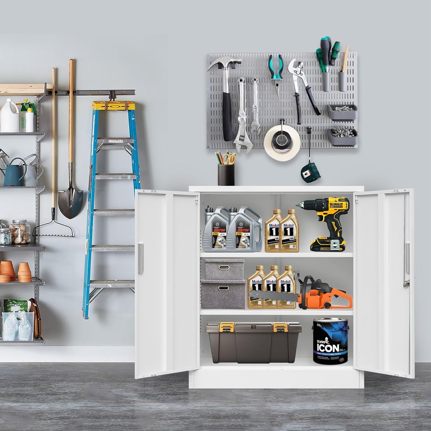 Metal Storage Cabinet with Locking Doors and Adjustable Shelves, 36.2" H Steel Storage Cabinet for Garage, Home, Office, Utility Room-White