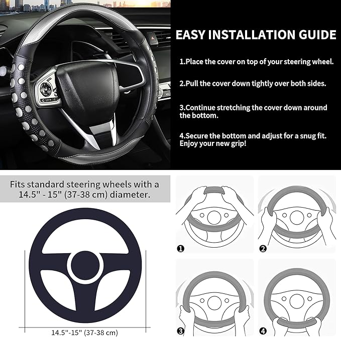 Leather Car Steering Wheel Cover with Anti-Slip Grip, for Women and Men, Universal Fit for 14.5-15 Inch Cars, Trucks, SUVs (Gray (Round), Medium(Standard) Size[14 1/2''-15''])