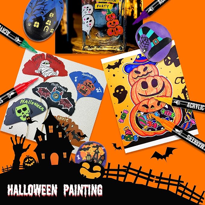 24 Colors Acrylic Paint Markers, Dual Tip with Fine Tip and Brush Tip Pens for Stone, Wood, Calligraphy, Canvas, Ceramic, Metal, Glass, Rock Painting, DIY Crafts Art Supplies Kit