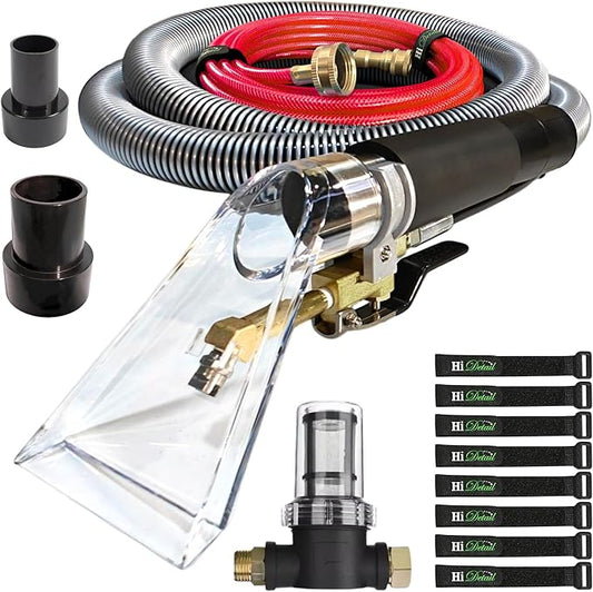 Hi Detail Shop Vac Extractor Kit with Wand and Hose, Adapter Converts Vacuum to carpet & upholstery Extractor for auto detailing & home (50 Ft Waterline, 15 Ft Vac Hose)