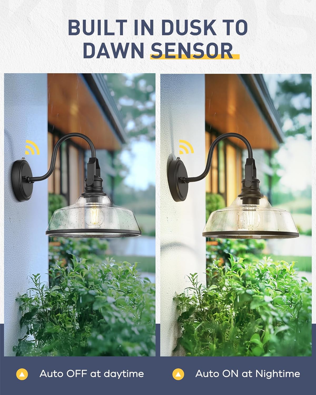 kudos Dusk to Dawn Outdoor Wall Sconce, Exterior Garage Light Fixtures, Farmhouse Waterproof Outdoor Gooseneck Barn Light Motion Sensor, Seeded Glass 1 Pack, KDOWL05-BK-S-LC