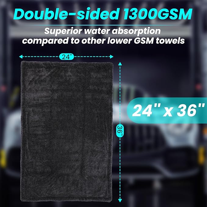 2 Pack 1300 GSM Car Drying Towel,Double-Sided Microfiber Towels for Cars(36" x 24"),Extra Large Ultra Absorbent,Without Residual Lint,Scratches or Water Spots