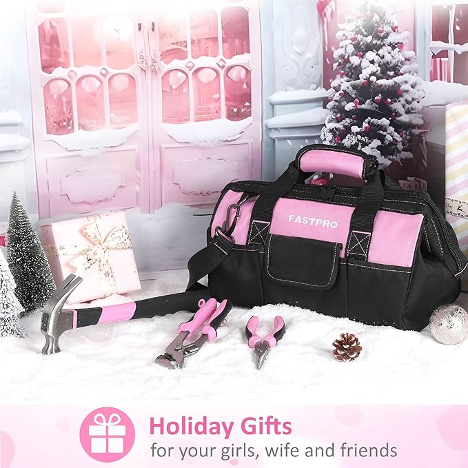 FASTPRO Pink Tool Set, 220-Piece Lady's Home Repairing Tool Kit with 12-Inch Wide Mouth Open Storage Tool Bag