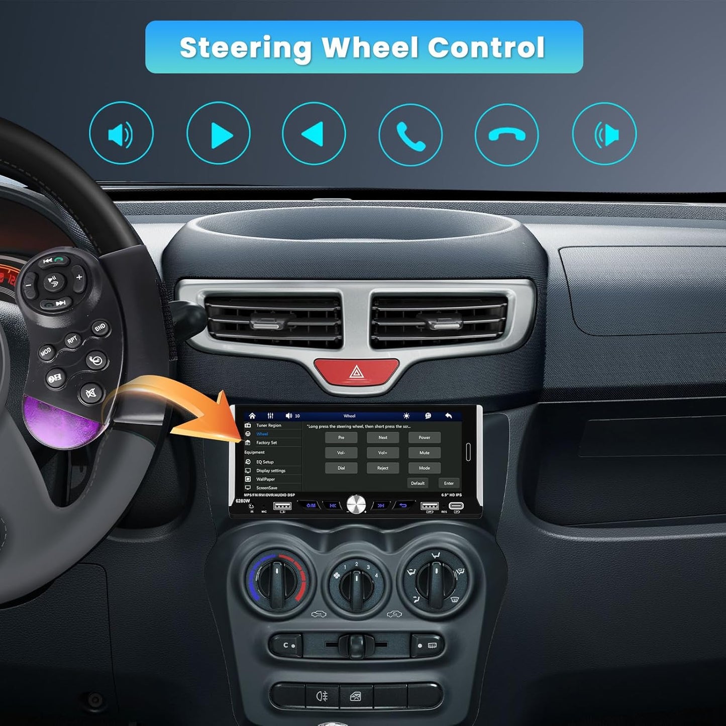 6.9 Inch Single Din Car Stereo with Wireless Carplay Android Auto, HD Touchscreen Radio Receiver with Bluetooth5.0 Audio FM/RDS EQ SWC Mirror Link USB/Type-C Port Backup Camera