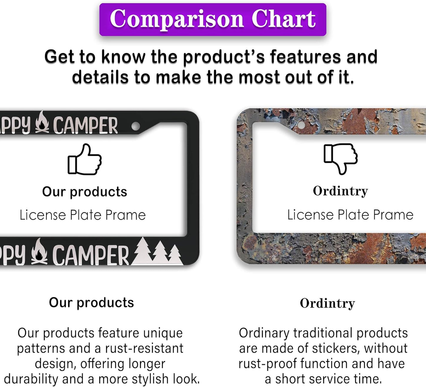 License Plate Frames Black and White Metal License Plate Frame Happy Camper with Campfire Universal Aluminum Car Accessory 2 Pack with Screw Covers Set