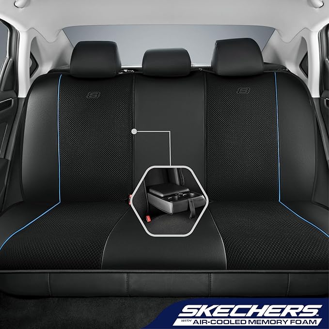 Skechers Air-Cooled Memory Foam Seat Covers,Mesh Thick Car Seat Covers,Piping Leather Car Seat Cover,Airbag Compatible,Automotive Comfort for Most Cars, Vans, Trucks, SUV(Blue,Full Set)