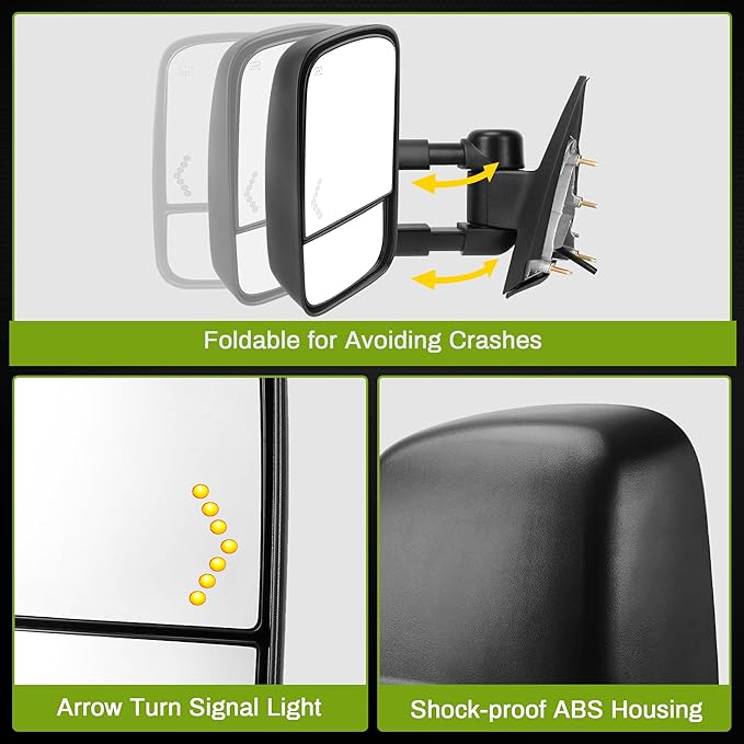 AUTOSAVER88 Towing Mirrors Compatible with 2014-2018 Chevy Silverado 1500, 2015-2018 GMC Sierra 2500 HD 3500 HD Power Heated LED Arrow Signal Light Manual Telescoping Folding Black