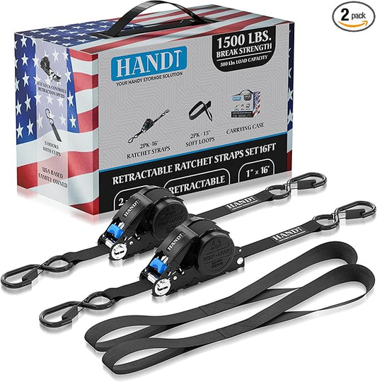 USA Based Retractable Ratchet Straps (2PK) 1in x 16ft - 1,500lb Break Strength, Heavy Duty Automatic Ratchet Straps Self Retractable Tie Down, Push Button Retracting Truck Trailer Cargo | Black