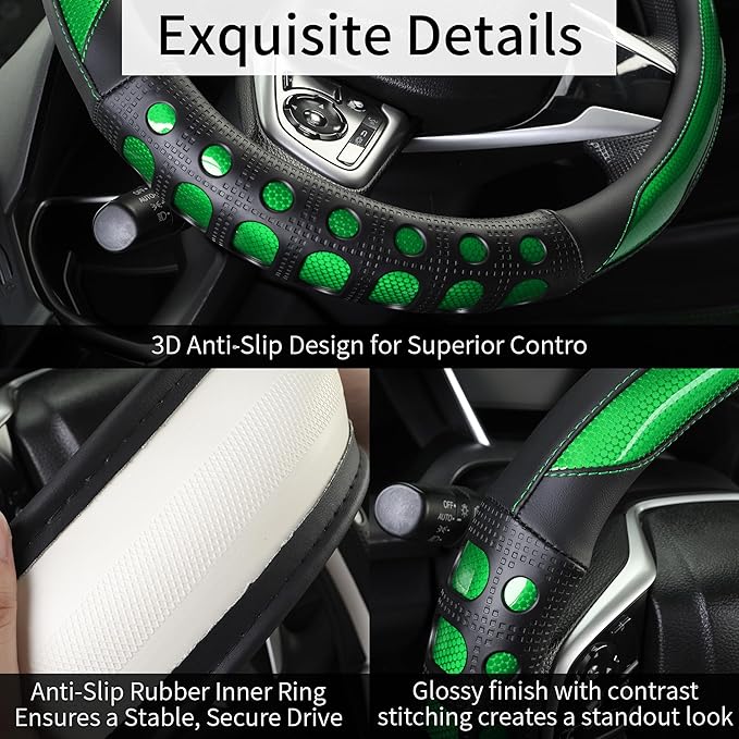 Leather Car Steering Wheel Cover with Anti-Slip Grip, for Women and Men, Universal Fit for 14.5-15 Inch Cars, Trucks, SUVs (Green (Round), Medium(Standard) Size[14 1/2''-15''])