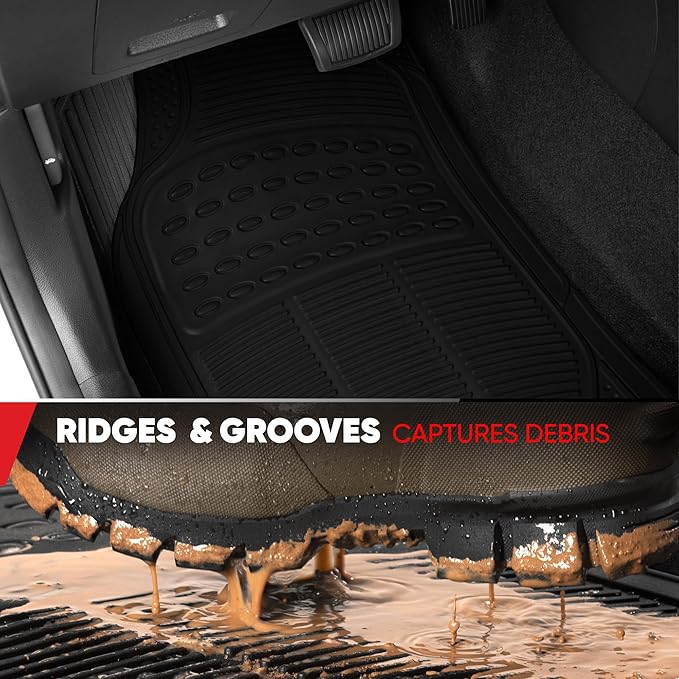 BDK Proliner All Weather Rubber Auto Floor Mats and Trunk Cargo Liner - Front & Rear Heavy Duty Set Fit for Car SUV Van and Truck, Black, 4 Pieces (Trim to Fit)