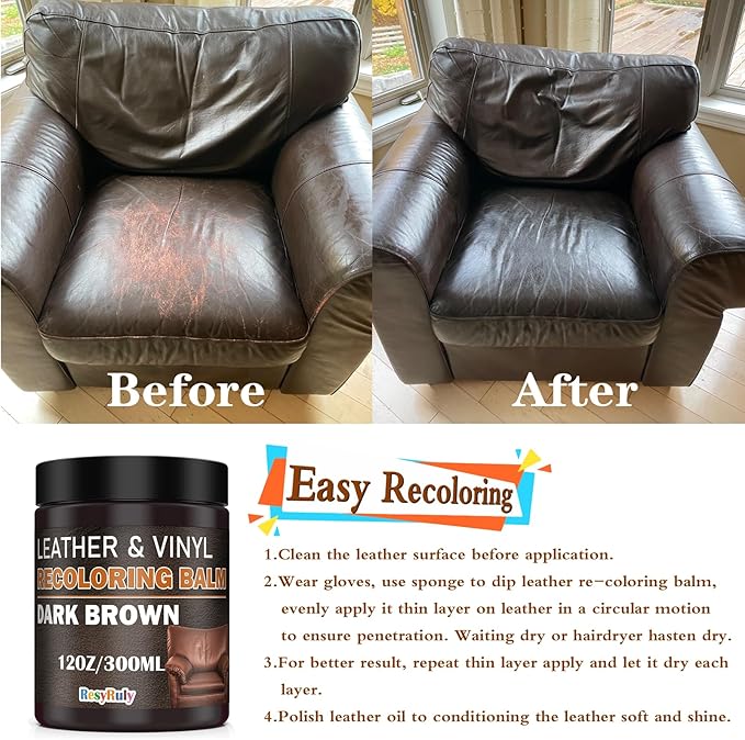 Leather Recoloring Balm Dark Brown Leather Dye Vinyl Paint Car Interior Seat Furniture Couch Recliner Chair Boots Jacket Shoes Bag Purse Belt Color Restorer Fade Stain Scratch Remover Repair Kit