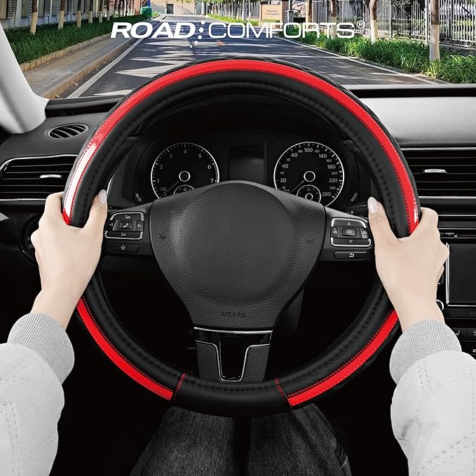 Road Comforts Leather Steering Wheel Cover – Black & Red Universal Fit 14.5-15 Inch, Microfiber Leather, Anti-Slip & Breathable Design for Men and Women