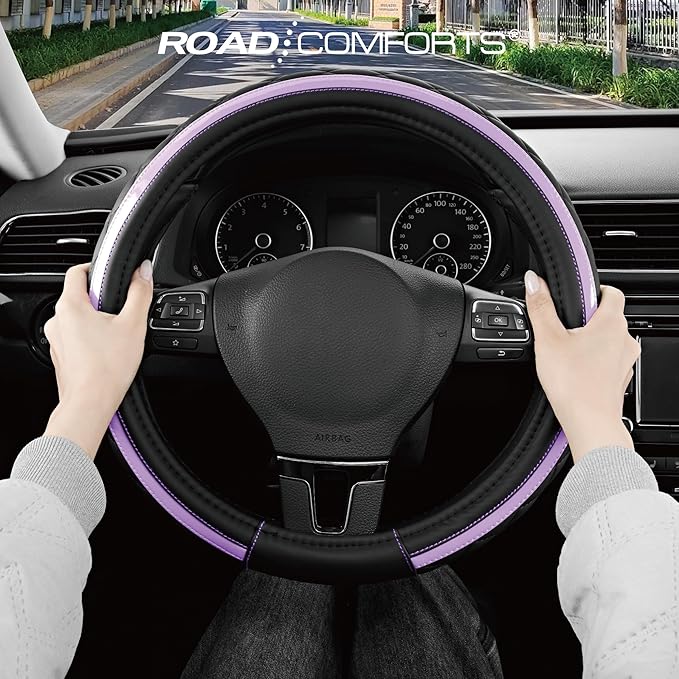 Road Comforts Leather Steering Wheel Cover – Black & Purple, Universal Fit 14.5-15 Inch, Microfiber Leather, Anti-Slip & Breathable Design for Men and Women