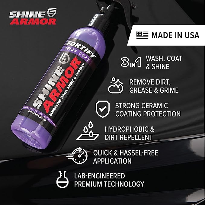 SHINE ARMOR Fortify Quick Coat – 3-in-1 Ceramic Coating Spray (8oz) | Waterless Wash, Shine & Protection | Streak-Free, Hydrophobic Car Wax for Paint & Trim