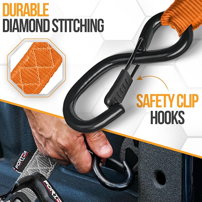 FORTEM Ratchet Tie Down Straps, 5208lb Break Strength, 4 Pack 10ft x 1.5in Heavy Duty Straps, 4 Soft Loops, Cam Buckles for Motorcycles, Safety Lock S Hooks, Carry Bag