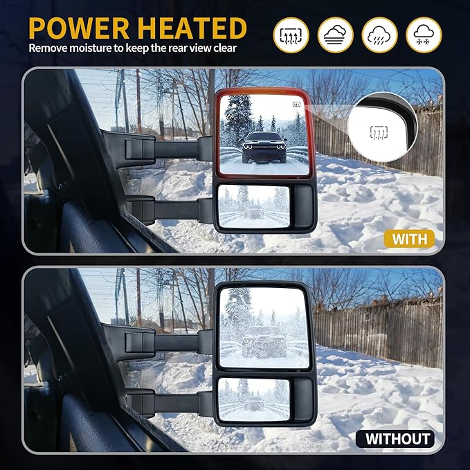 DWVO Towing Mirrors Compatible with 99-07 Ford F250 F350 F450 F550 Super Duty, LED Turn Signal Power Heated Telescoping Trailer Tow Mirror A Pair, Chrome